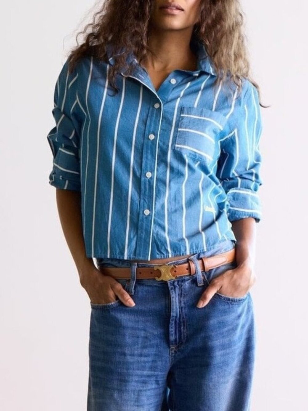 Kerri Rosenthal Striped Print Buttondown Long Sleeve Blue Shirt Top XS 283618